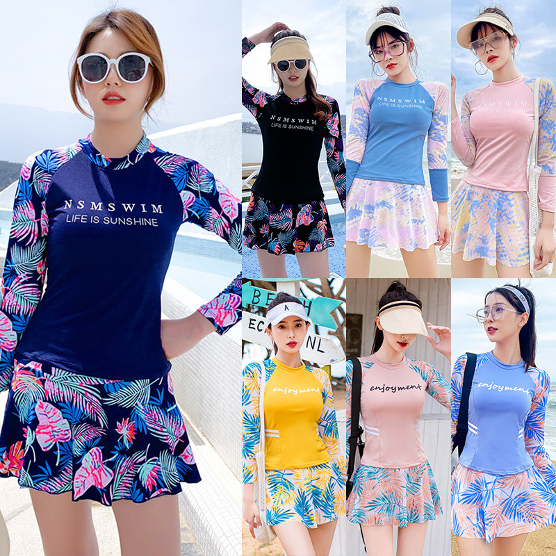 Swimsuit women's conservative split. Long sleeve sun protection sports style swimsuit slim-fit belly covering slimming hot spring swimsuit