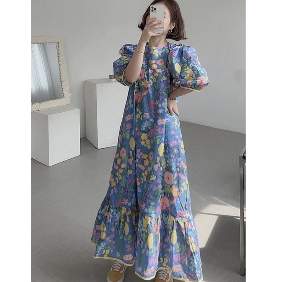 Cross Border plus size Dress South Korea Chic Summer Flower Round Neck Loose Hem Ruffled Puff Sleeve dress Women