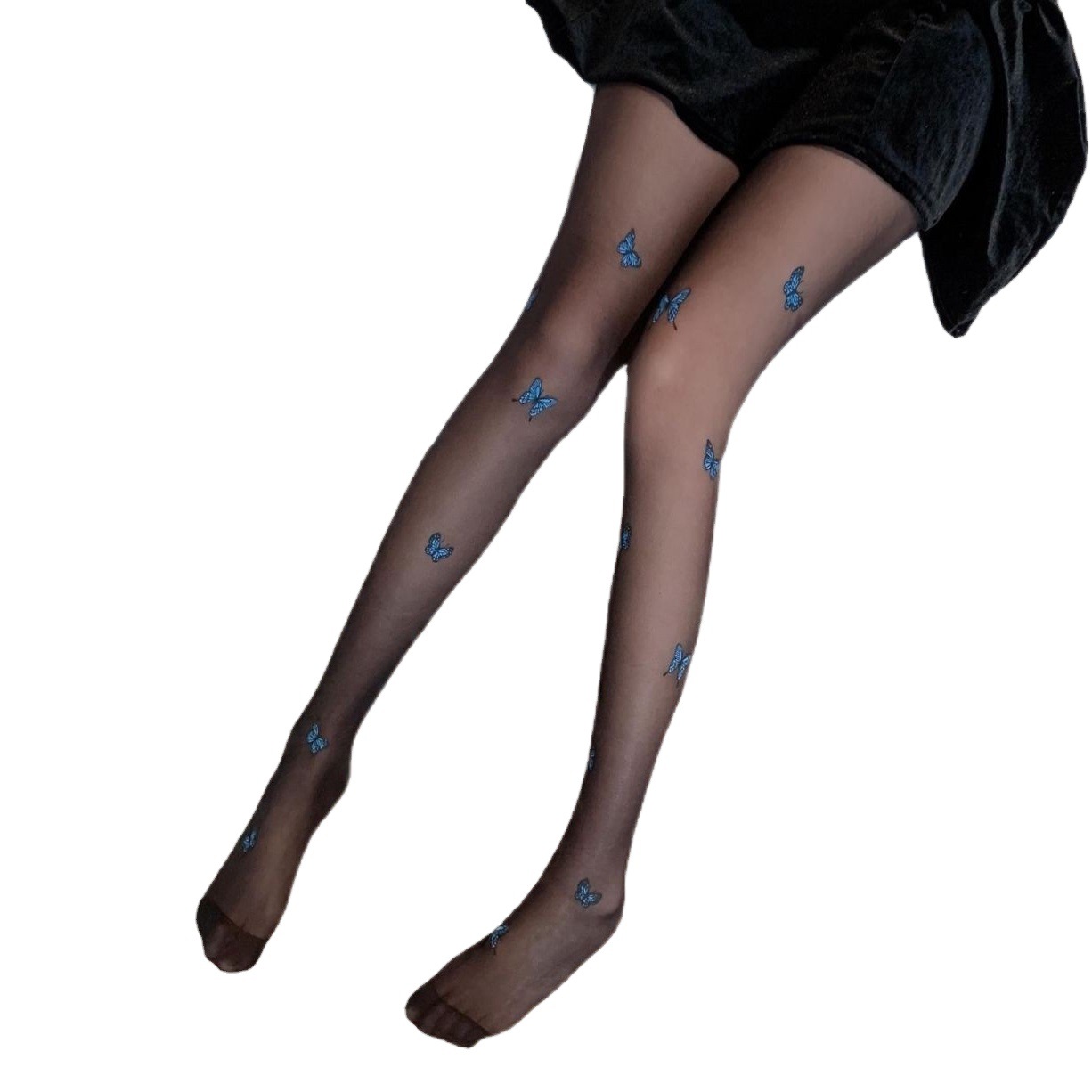 New White Pure Lust Style Jk Loli Stockings Fairy Blue Butterfly Print Black Stockings Thin Bottoming Stockings for Women