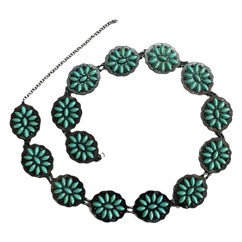 Niche female metal carving retro belt turquoise inlaid hip hop accessories cross-border jewelry foreign trade waist chain in stock