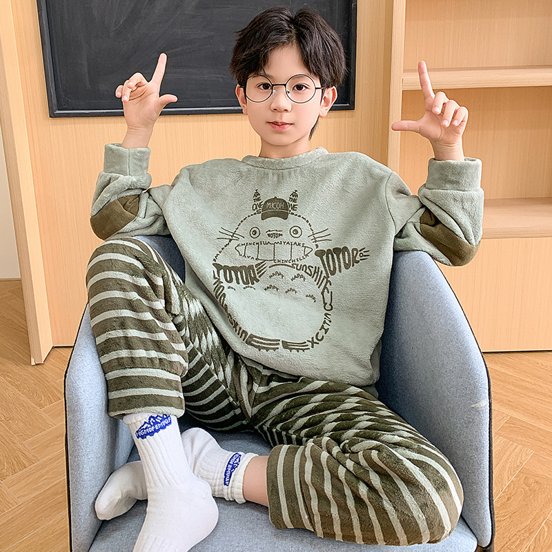Picture of Autumn and Winter Plush Children's Pajamas Boy's Cute Cartoon Thickened Warm Coral Fleece Children's Home Clothes