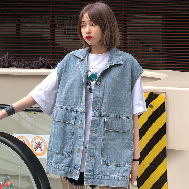 bf Style Spring and Summer Internet Trendy Denim Vest Women's Loose Outer Wear All-match Korean Style Sleeveless Waistle Work Jacket Instagram Style Trendy