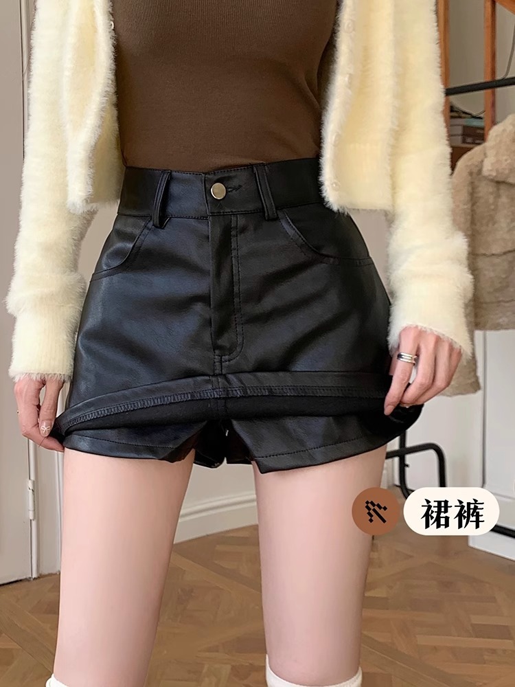 Black PU Small Leather Skirt Skirt Women's Autumn and Winter High Waist A- Line Hip Half Culottes Korean Fashion Short Skirt for Petite