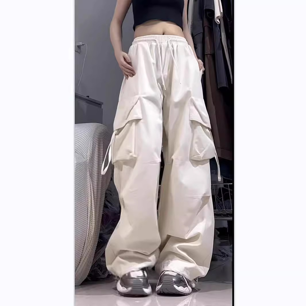 Picture of American retro quick-drying overalls women's three-dimensional pocket high waist straight wide leg ribbon loose casual mopping trousers