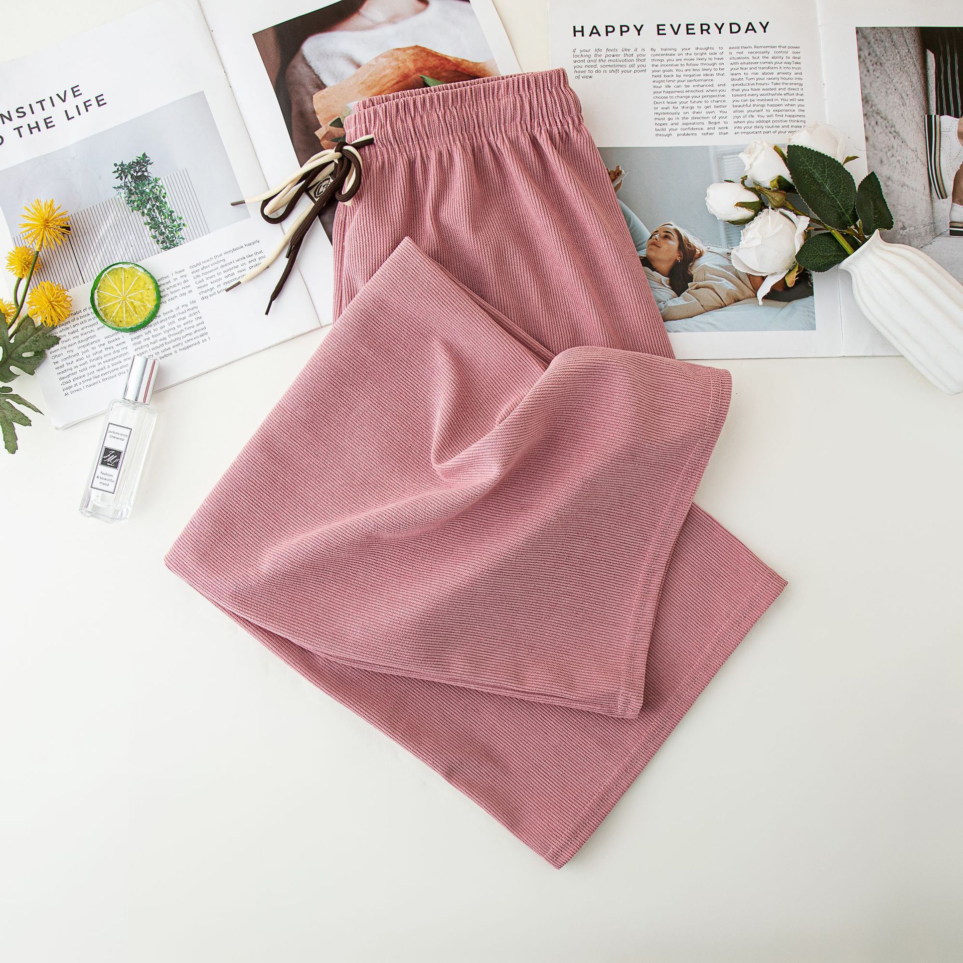 Picture of Grooved Cotton Velvet Smiley Face Double Drawstring Wide-Leg Pants for Women, Spring and Autumn High-Waist Drapey Loose Straight Ultra-Thin Stripe Casual Pants