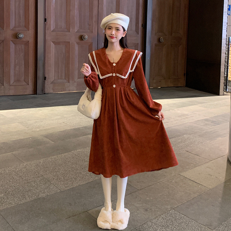 French Style Retro Lapel Dress Women's Autumn and Winter Large Size Slight Fat Sister Flesh-hiding Slimming Strap Waist Elegant Long Dress