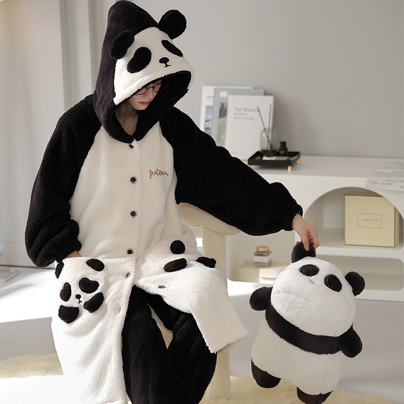 Autumn and Winter Long Flannel Pajamas Women's Warm Thickened Coral Fleece Nightgown Cute Hooded Home Clothes Two-piece Set