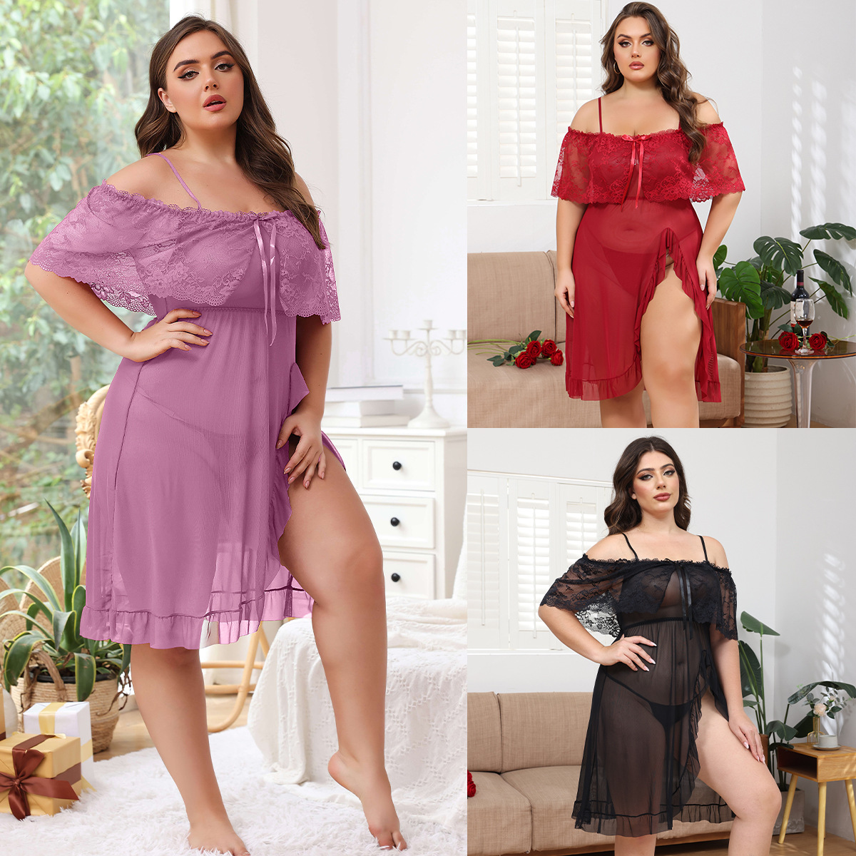 European and American fat MM foreign trade sexy underwear perspective suspender shoulder pajamas set sexy transparent lace dress 7664