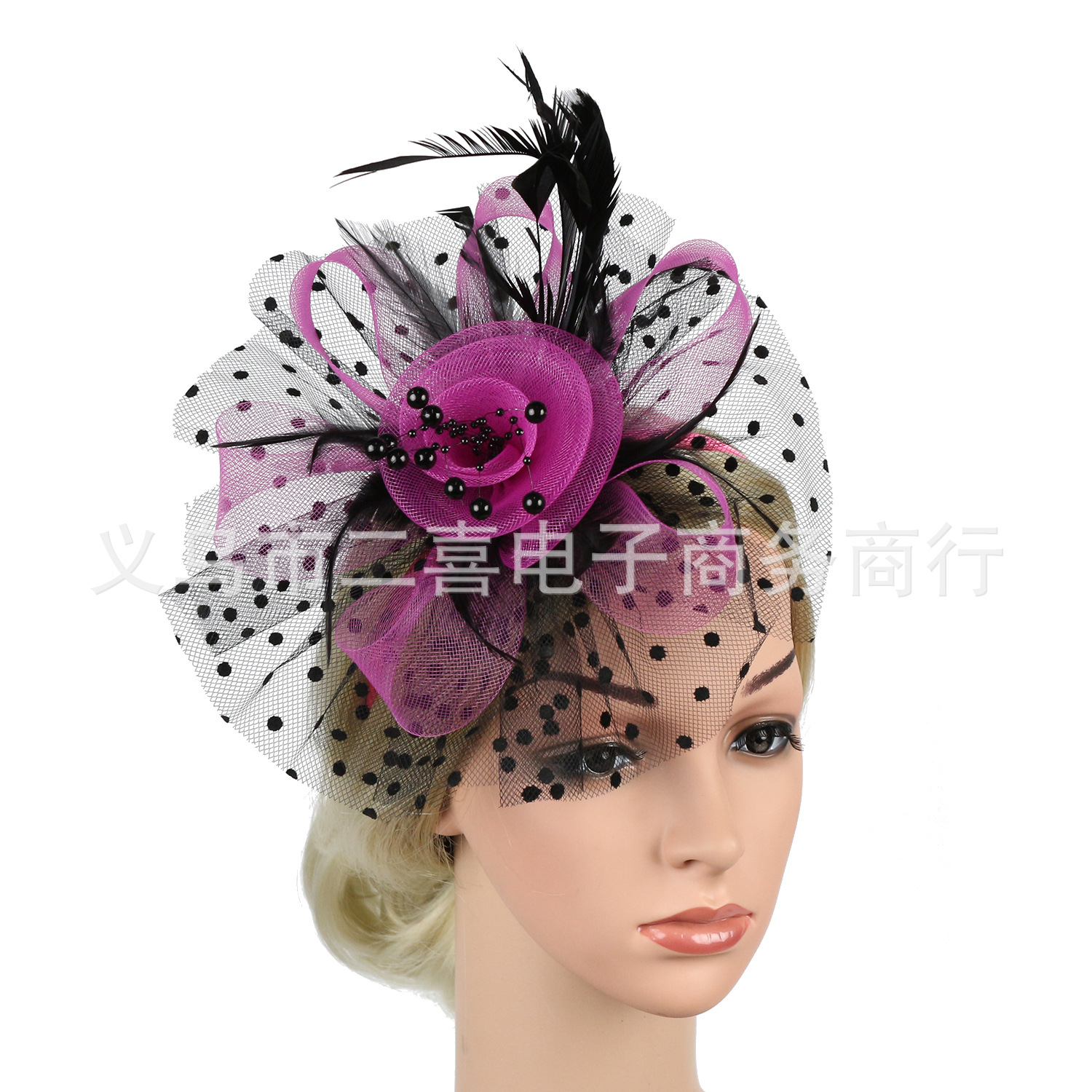 Picture of European and American Popular Amazon Feather Headdress Bridal Hair Accessories Mesh Top Hat Jockey Club Hair Accessories Hairpin Headband