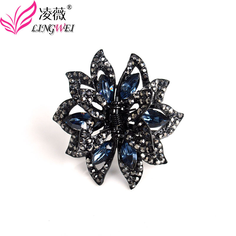 Picture of Korean style hair accessories large rhinestone grip clip for women hair coil alloy black ponytail hair grip fashion versatile top clip hairpin