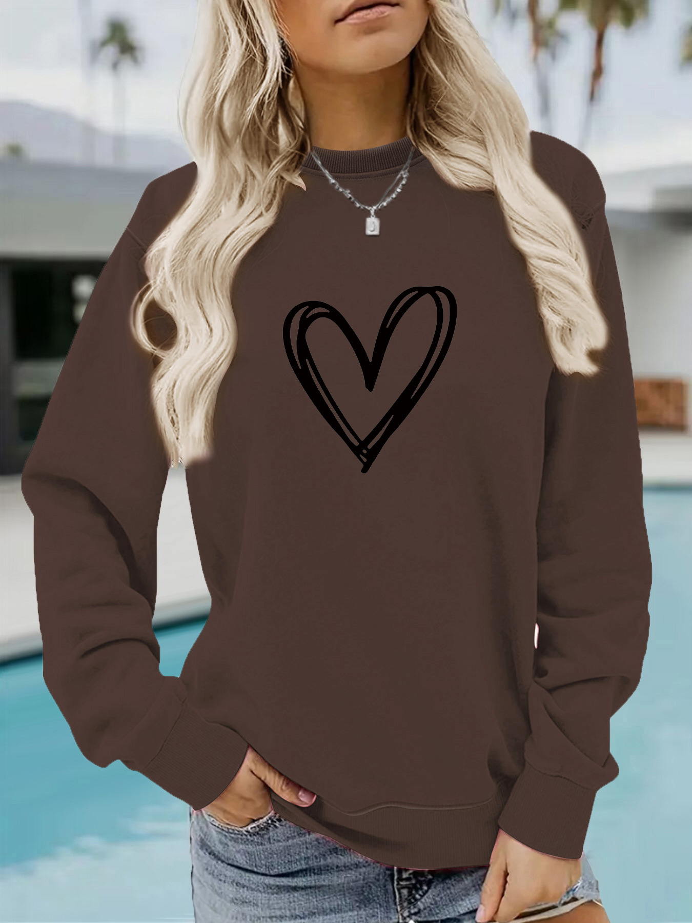 Picture of Europe and the United States cross-border autumn and winter women's casual long sleeve round neck heart-shaped printed pullover sweatshirt sweater wholesale