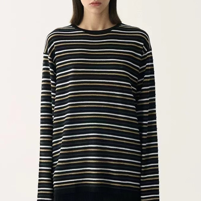 2024 Early Autumn Striped Wool Knitwear Women's Round Neck Base Sweater Long Sleeve T-Shirt