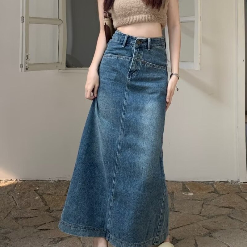 2024 New Denim Skirt for Women, Large Size, High Waist, Slim Design, Back Slit A-Line Long Skirt