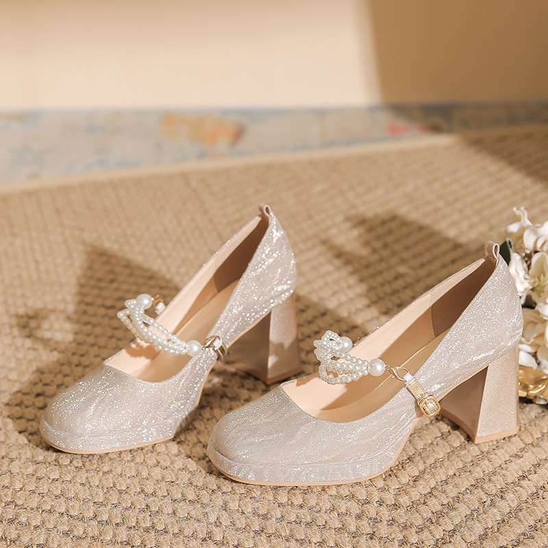 2024 Autumn New Waterproof Platform High Heels 2024 New Thick Heel Pearl Bridal Shoes Wedding Shoes Mary Jane