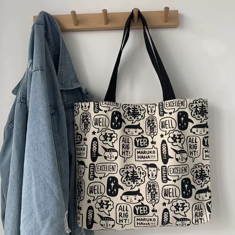 Picture of Cartoon Illustration Ins Canvas Bag Large Capacity Japanese and Korean Niche Canvas Bag Fresh Style Women's Shoulder Portable Casual Bag