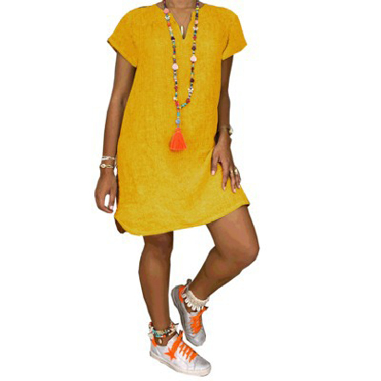 Picture of 2023 New Amazon WISH Hot Spring Summer Loose Skirt Short Sleeve V-Neck Solid Color Woven dress