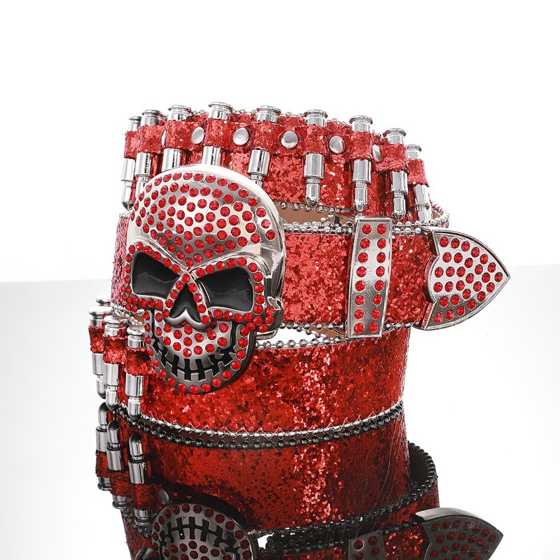 Cross-border New Inlaid Rhinestone Bullet Skull Sequin Plate Buckle Belt Hip-hop Punk Street Style Unisex