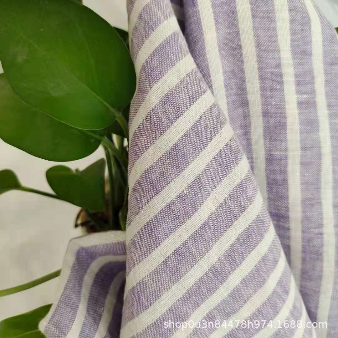 Violet linen striped wide yarn fabric Pure linen curtain striped fabric Bedding striped enzyme washing fabric