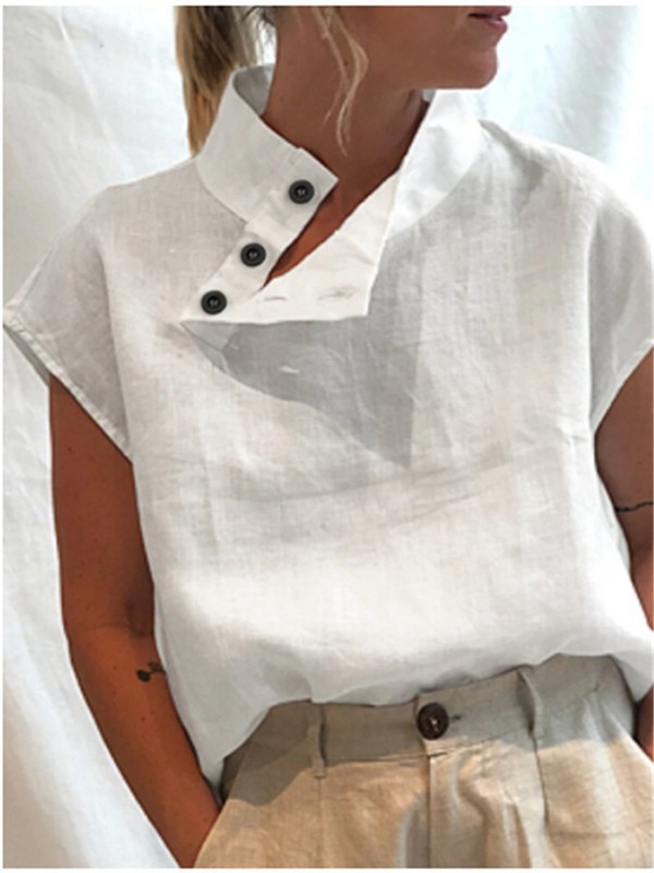 Amazon Independent Station New Button Cotton Linen Stand Collar Casual Shirt Women Comfortable Short Sleeve Shirt in stock