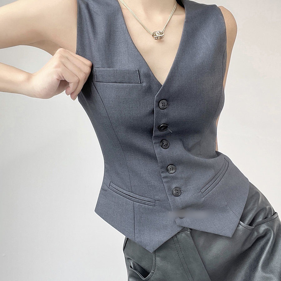 Picture of Crazy Heart Grey Slim-fit Sleeveless Suit Vest Jacket Women's Spring and Summer Short Navel V-neck Vest Top