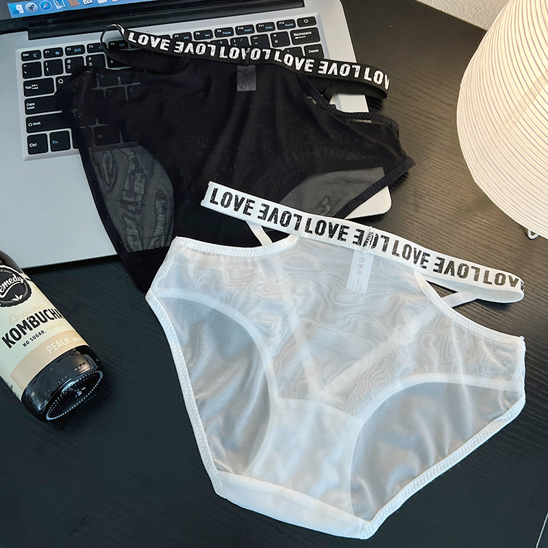 Fashion Sexy Lace Mesh Non-marking Strap Underwear Letter Printing Transparent Mesh Thin Girl's Briefs