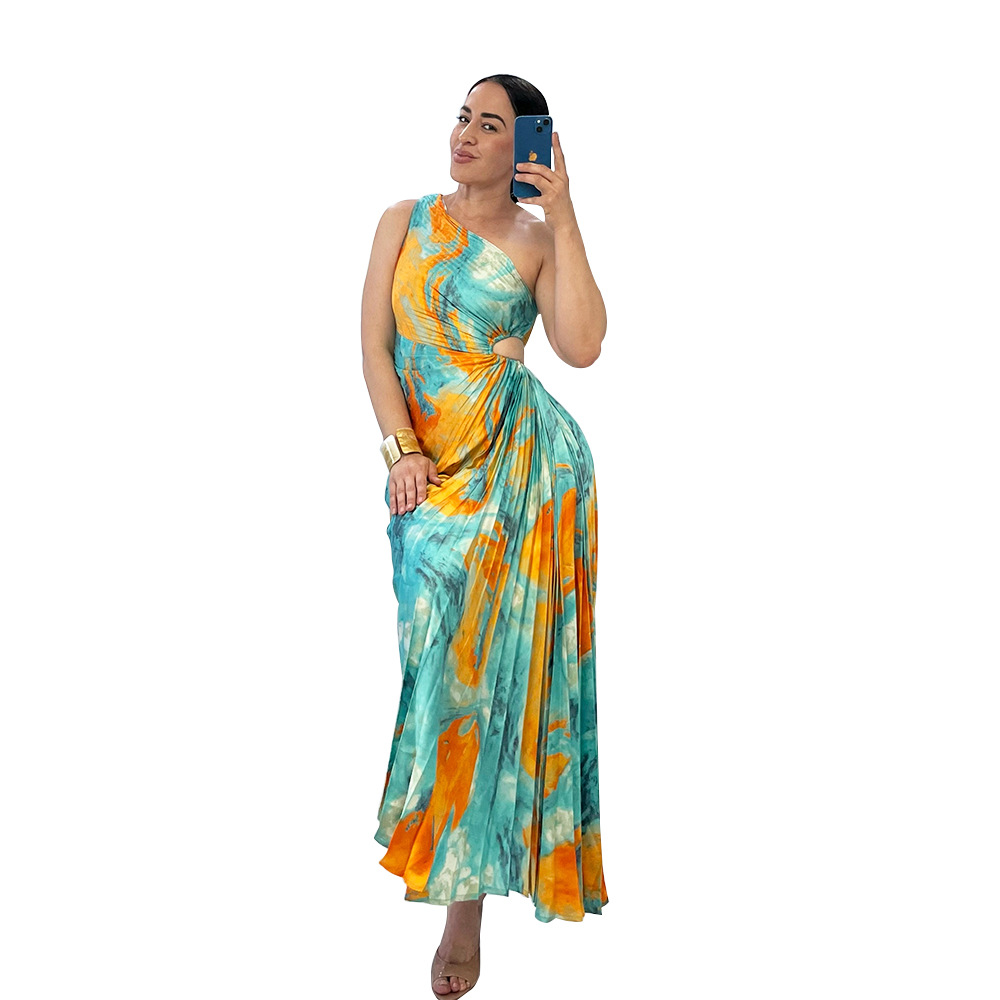 Picture of K10753 AliExpress Amazon Explosions European and American Fashion Women's Imitation Silk Printing Oblique Collar Pleated dress New