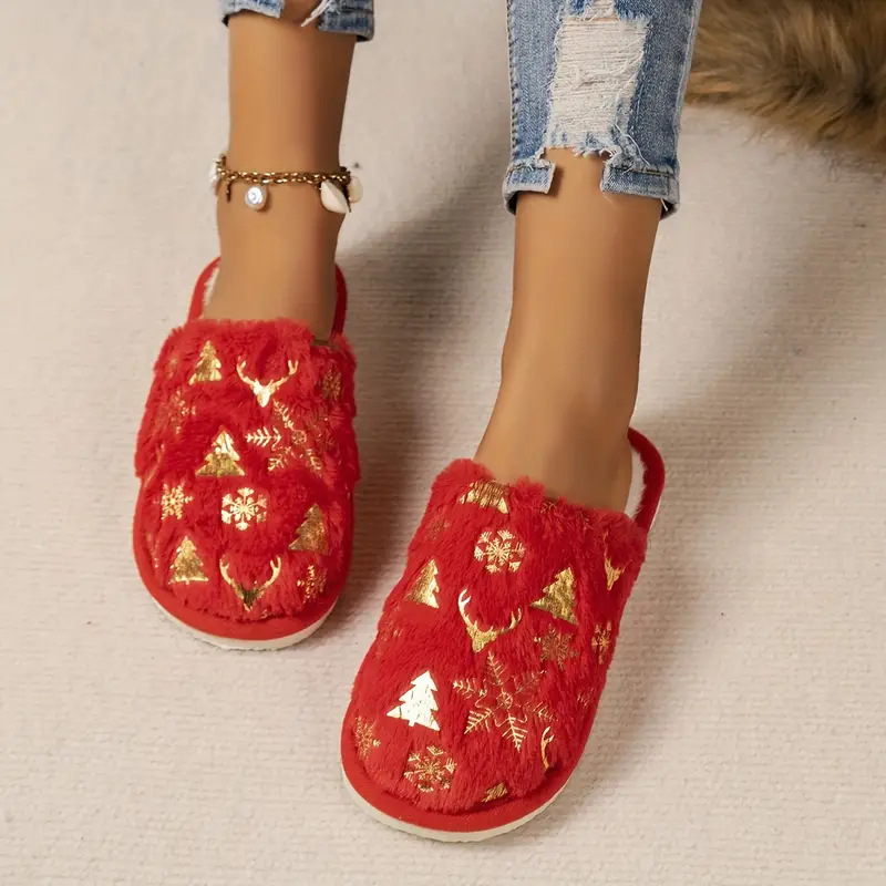 Factory Direct Supply Cross-border Christmas Plush Baotou Open Toe Cotton Slippers Warm Indoor Home Wool Slippers