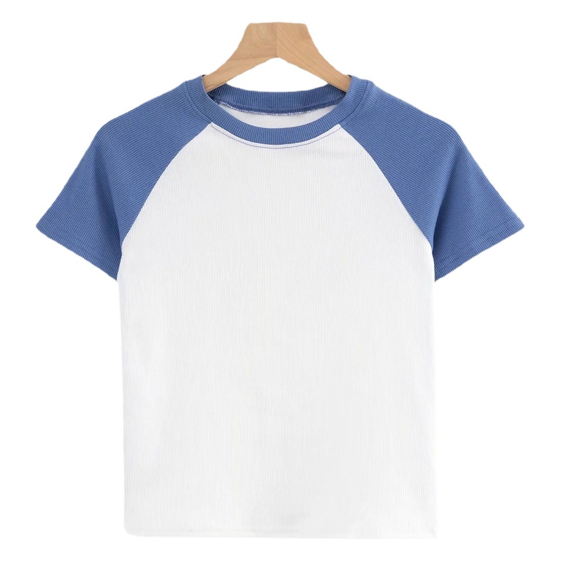 Wholesale 2021 summer color matching raglan sleeve slim high waist navel short sleeve t-shirt women's retro short round neck top