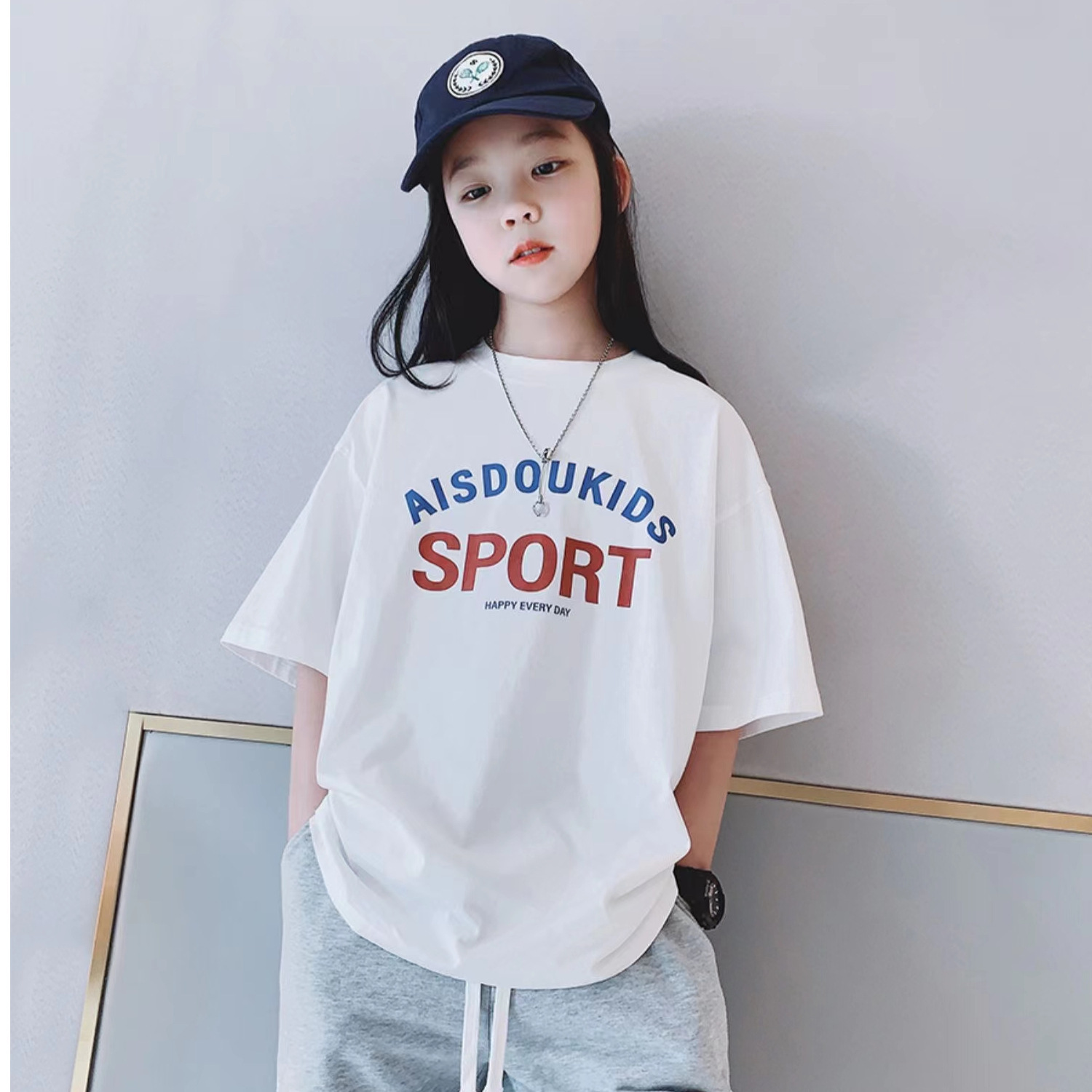 Children's Wear T-Shirt Cotton Loose Front Printed Rear Wrap Collar Children's Wear All-match Top Middle and Big Children's Shoulder Sleeve Children's Wear Short Sleeve T-Shirt