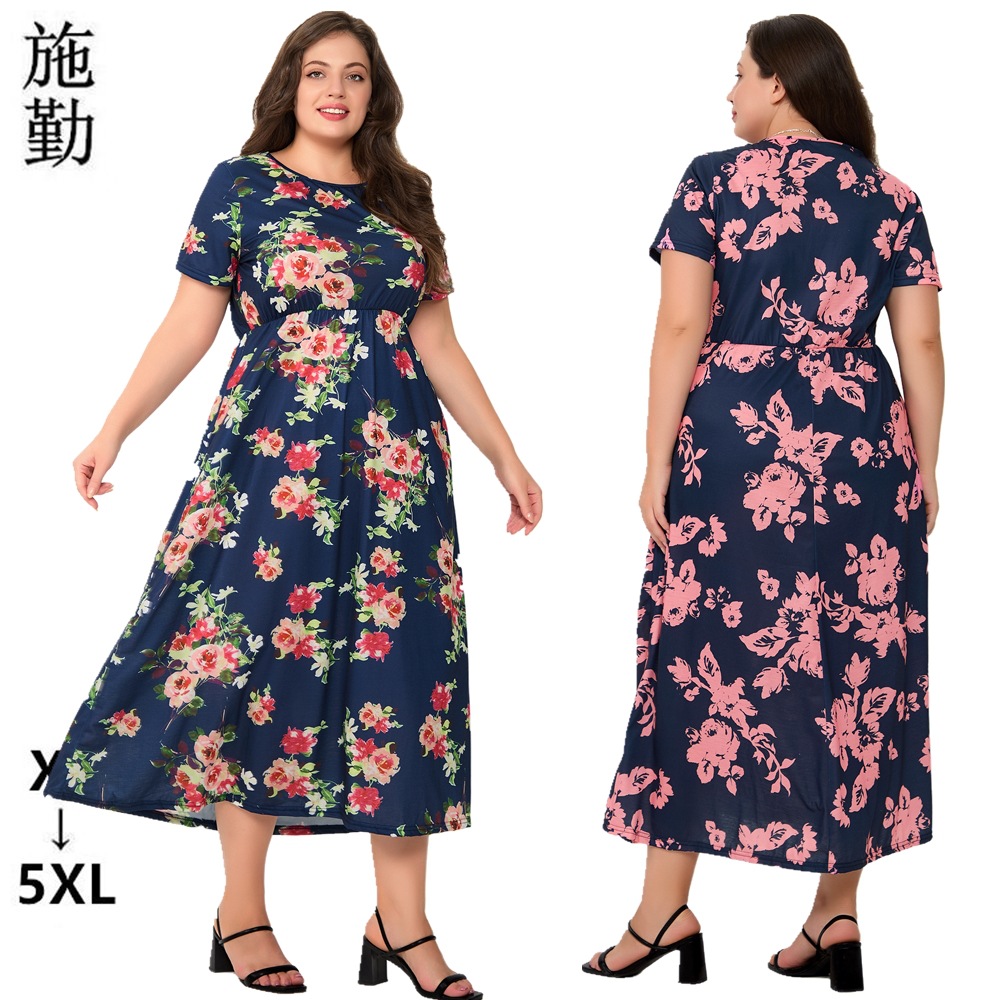 2025 Amazon Cross-border plus size Women's Summer New Round Neck Short-sleeved Leisure Vacation dress in stock