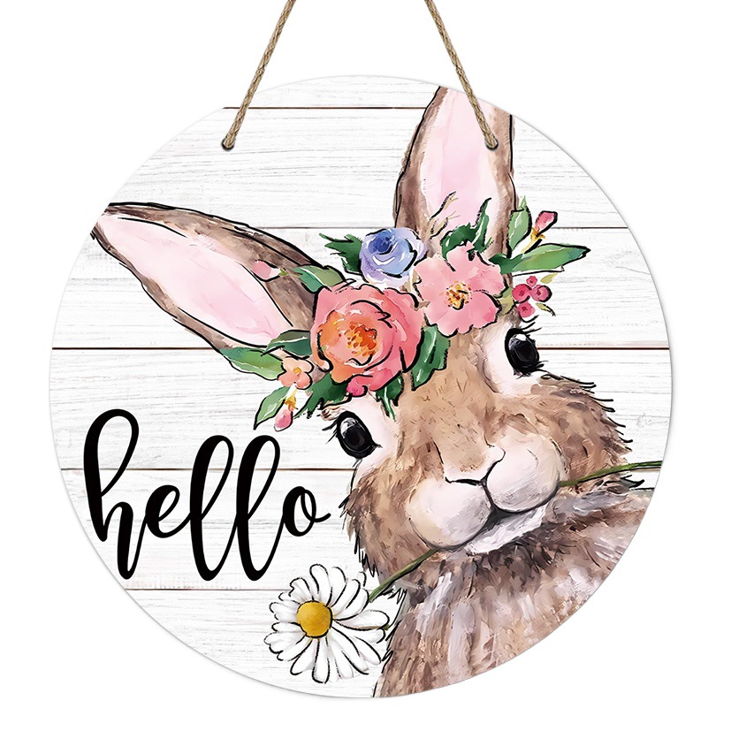 New Easter round wall decoration pendant wood print cartoon rabbit colorful egg cartoon welcome door plate door hanging