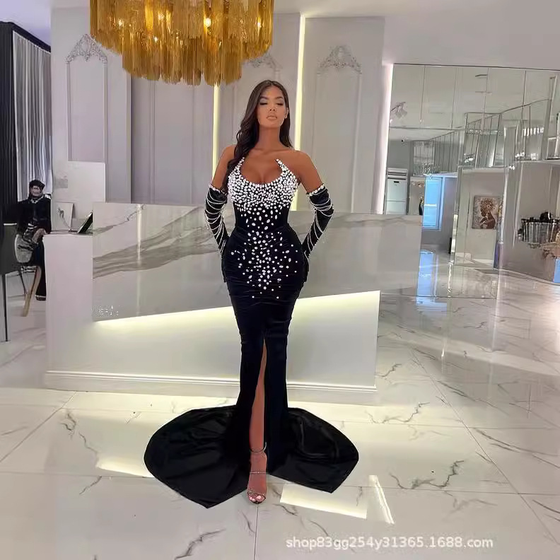 European and American fashion new velvet tube top beaded rhinestone with gloves Elegant party banquet adult ceremony evening dress