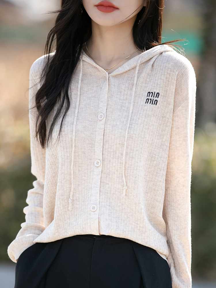 Women's Embroidered Hooded Knitted Cardigan Early 2025 Spring New Temperament Slimming Jacket Coat Foreign Trade Supply