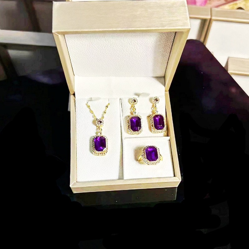 Picture of Emerald Pendant Necklace Women's All-match High-end Jewelry suit Women's Three-piece Set Earrings Ring Jewelry