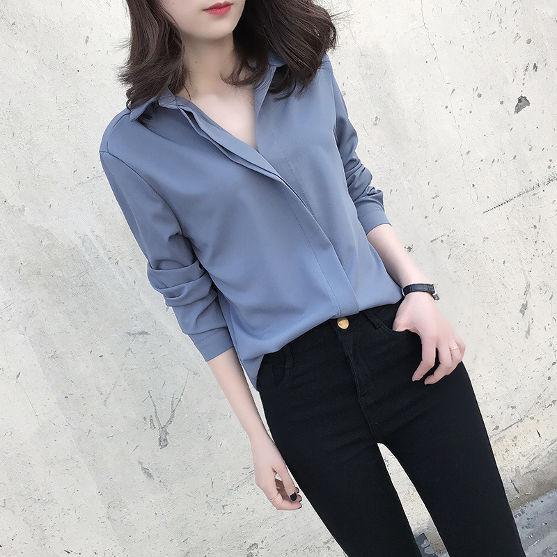 And Shang 2025 Spring and Summer Women's New Shirt Women's Long-Sleeved Loose Korean Style V-Neck Chiffon Pure Color Shirt