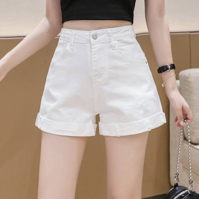 White Curl Denim Shorts Women's 2024 Summer New High Waist Loose Slim-fit A- shaped Hot Pants for Hot Spring