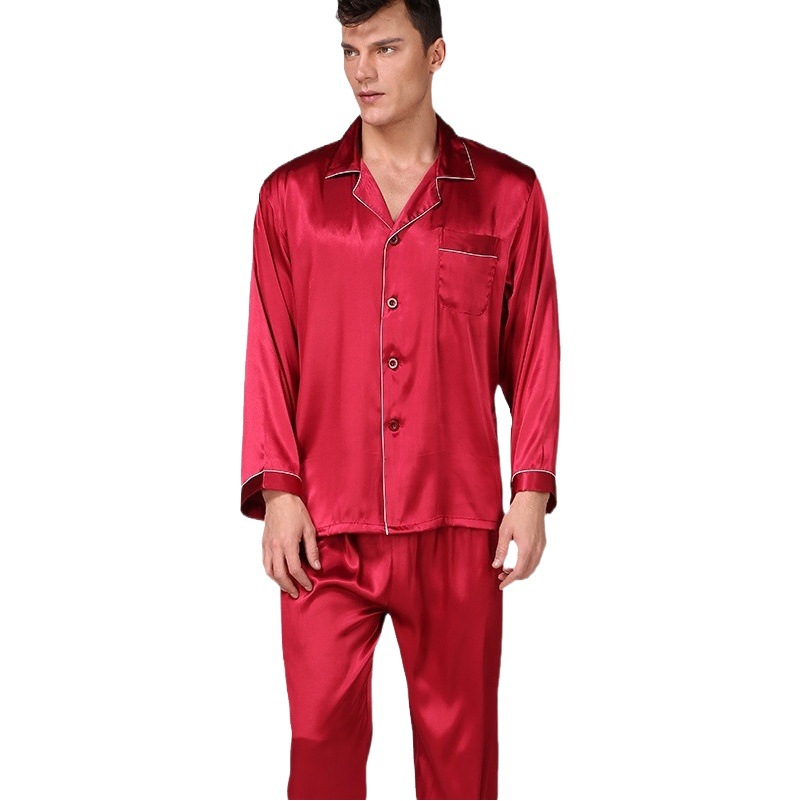Cross-border Black Silk Ice Silk Pajamas Men's Summer Long-sleeved Solid Color suit Summer plus size Foreign Trade Men's Home Clothes
