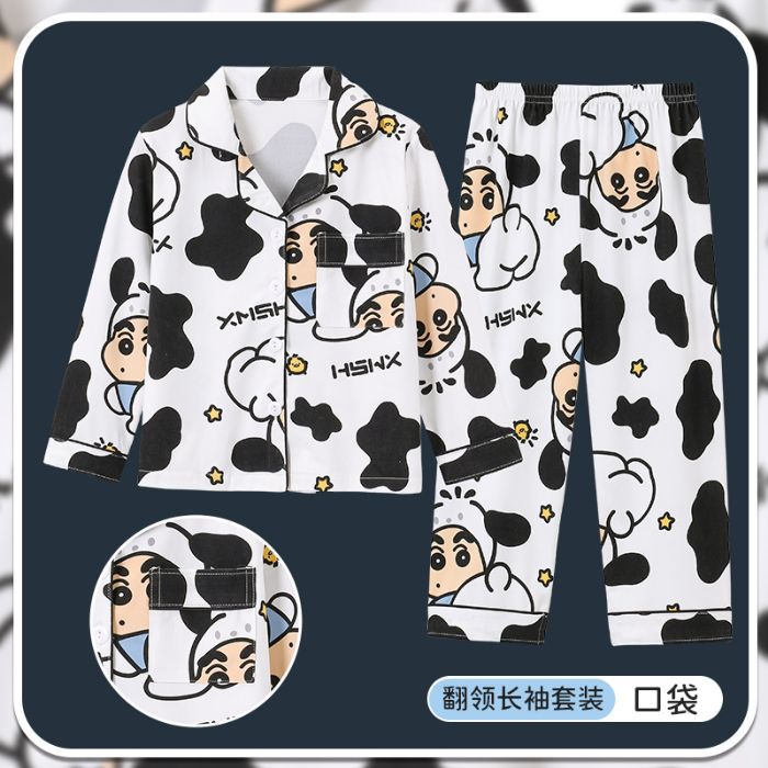 Picture of Children's Pajamas Spring and Autumn Cute Cartoon Boys and Girls Lapel Cardigan Long Sleeve Trousers Children's Home Clothes