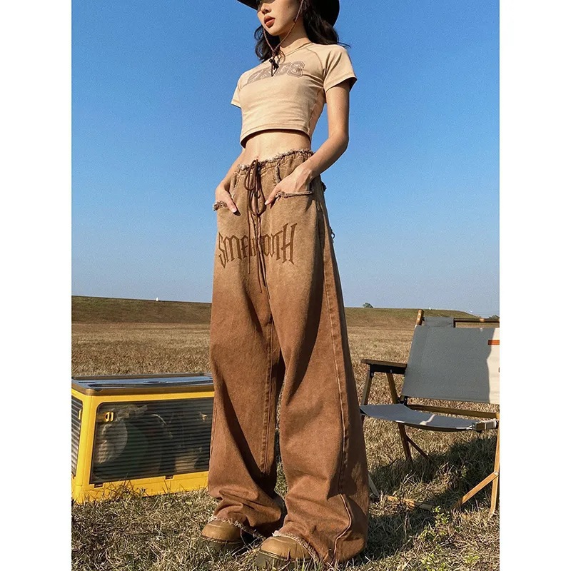 American Style Retro Striped Edge Design Sense Wide Leg Jeans Women's Summer Ins New Loose High Waist Straight Pants