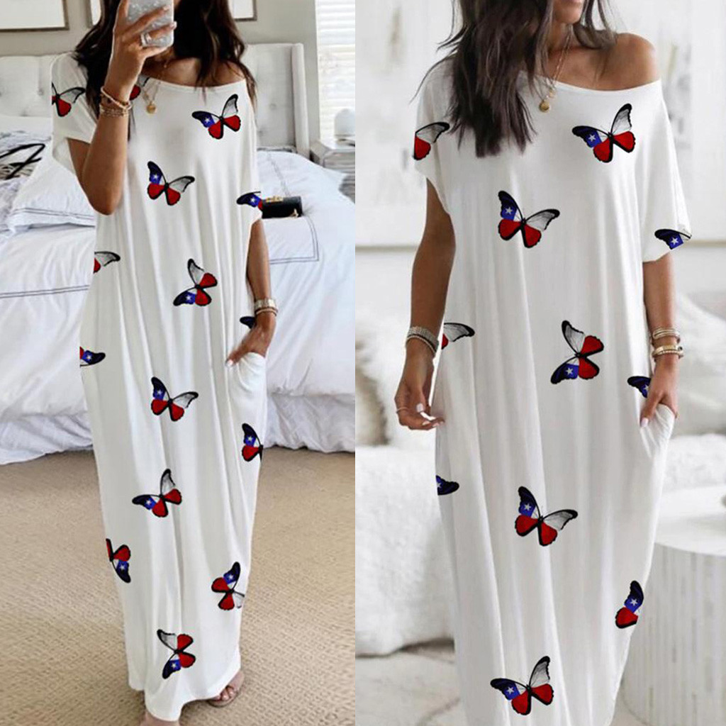 Amazon European and American Clothing Butterfly Print Short-Sleeved Long Solid Color Dress Home Wear
