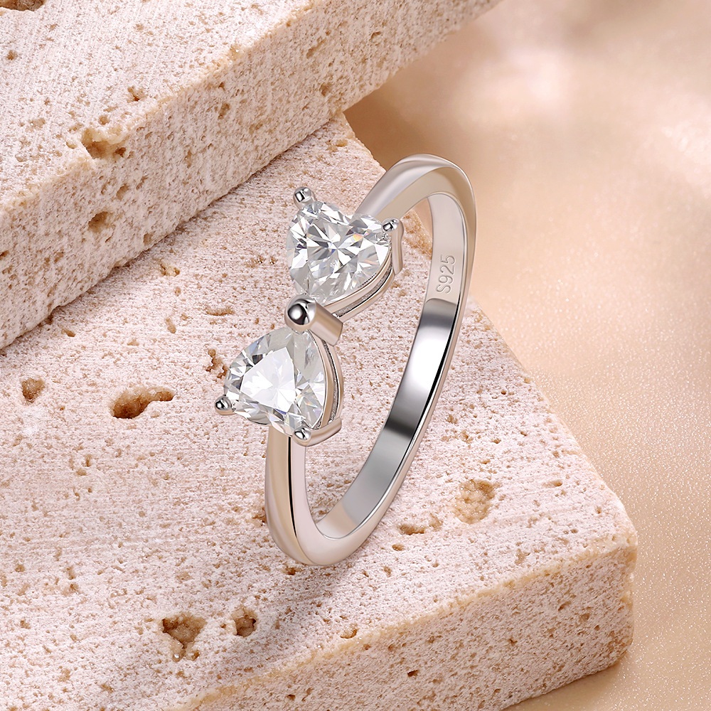 Cross-border New Heart-shaped Moissanite Ring S925 Sterling Silver Plated 18K Gold Fashion All-match Bow Women's Ring