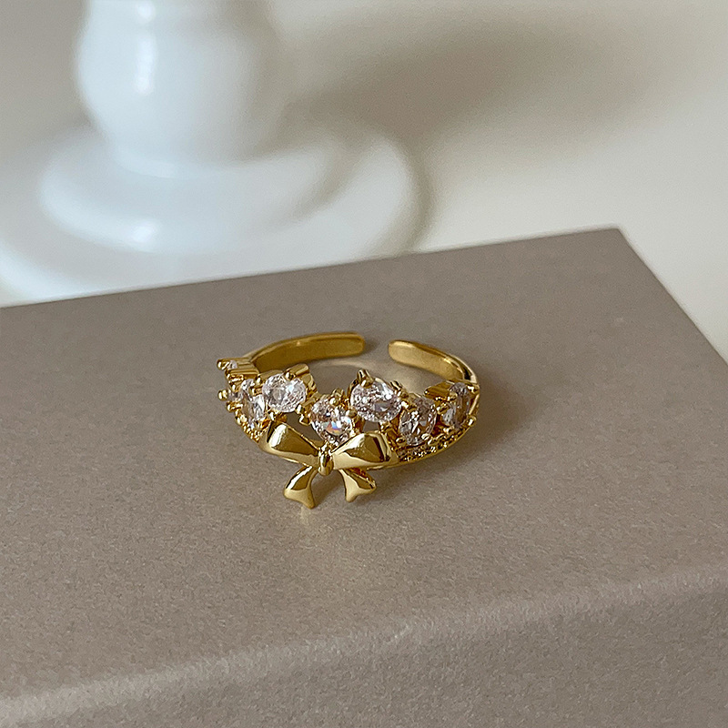 High-End Zircon Bow Metal Open Ring for Women, Light Luxury, Unique Texture, Elegant and Versatile Ring