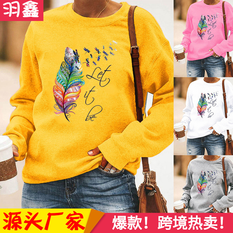 Amazon eBay AliExpress wish independent station let it be feather printed long sleeve round neck sweater