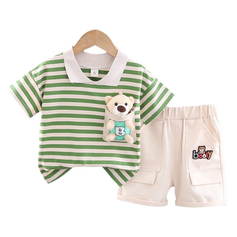 2024 new summer pocket bear children's short sleeve T-shirt boys cartoon casual suit summer clothes a generation of hair