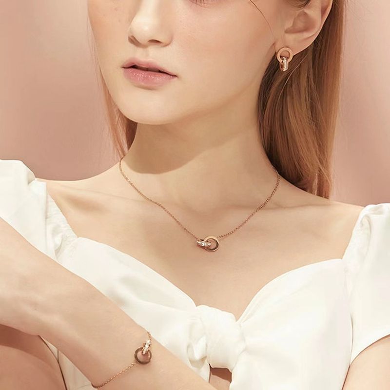 Picture of Double ring Roman digital inlaid zircon jewelry suit fashion stainless steel bracelet bridal earrings Jewelry necklace three pieces