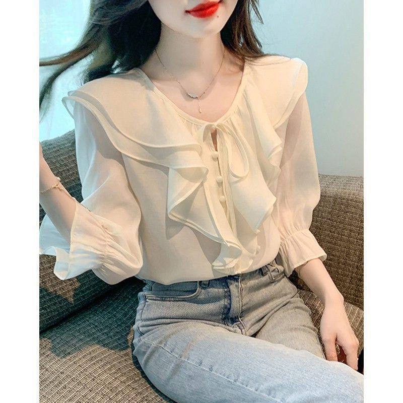 Design ruffled chiffon shirt for women 2024 Summer new elegant lace-up top Western style 3/4 sleeve shirt
