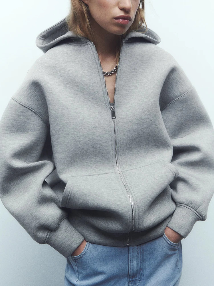 Autumn and Winter Women's Casual Outwear Warm Hoodie Long Jacket Long Sleeve Large Flap Pocket Pants Zipper Gray Jacket