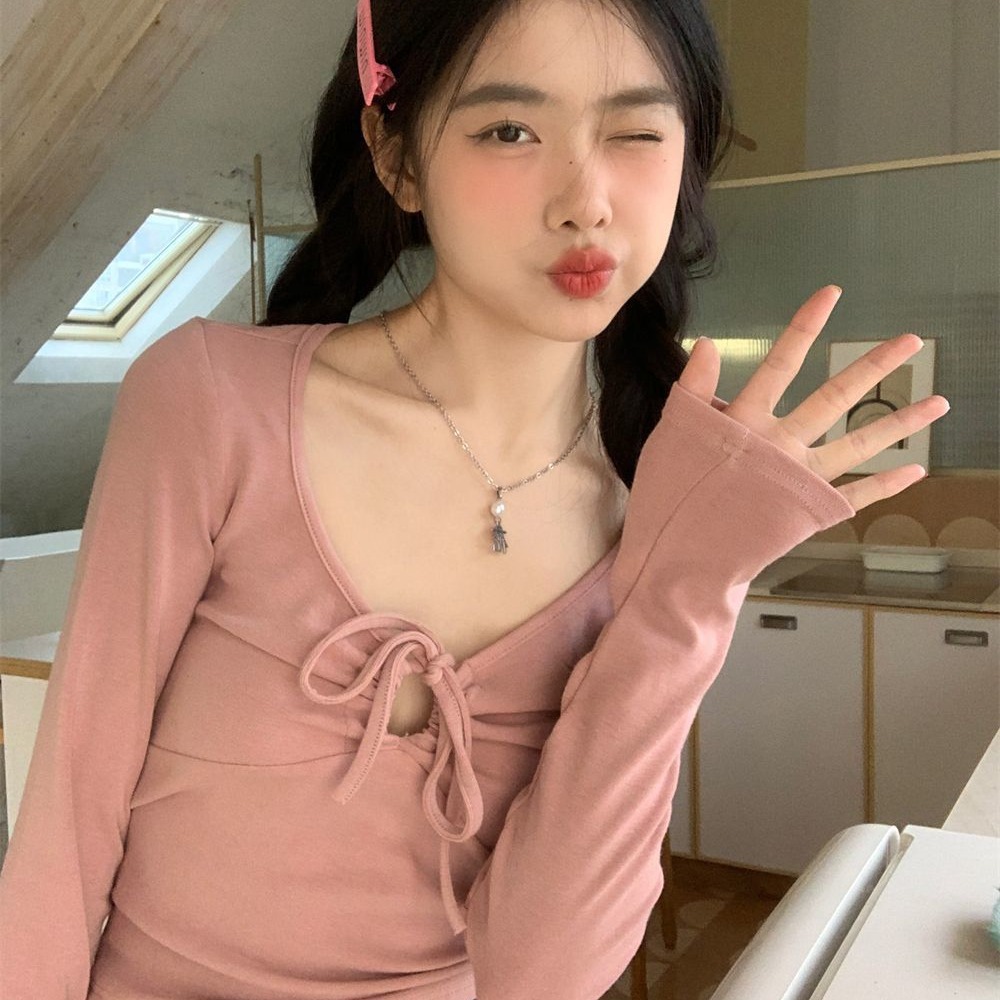 Soft Waxy Velvet Pure Desire V-Neck Long-Sleeved T-Shirt Women's Autumn Base Shirt High-Feeling Slim-Fit Short Hot Girls' Top with Neck