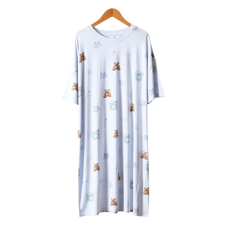 Japanese Style Sweet Ching Spring Summer Thin Modal Nightdress Women's Short-sleeved Loose Round Neck Home Clothes for Outer Wear
