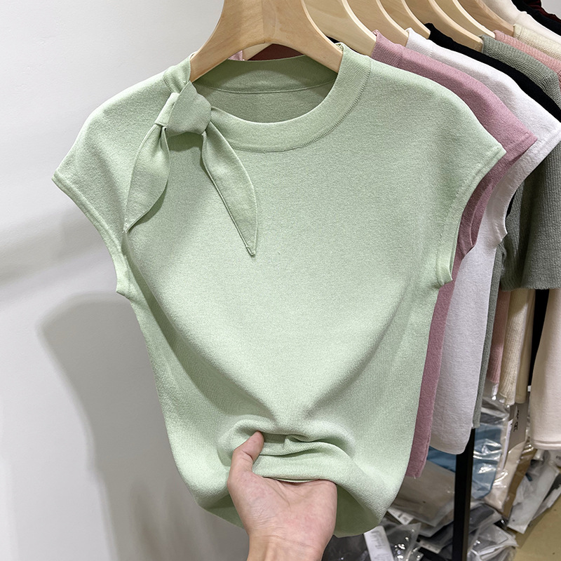 Strap Crewneck Short-sleeved Knitted T-shirt Women's 2024 Summer New Slim-fit Joker Small Fly-sleeved Shirt Student Top